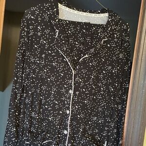 Nine West Black Button-Up Sleep Top with White Dot Print